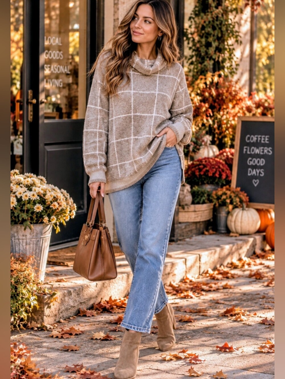 Evolution Taupe Windowpane Cowl Neck Sweater, Large, Cozy Soft Knit Fall Luxury